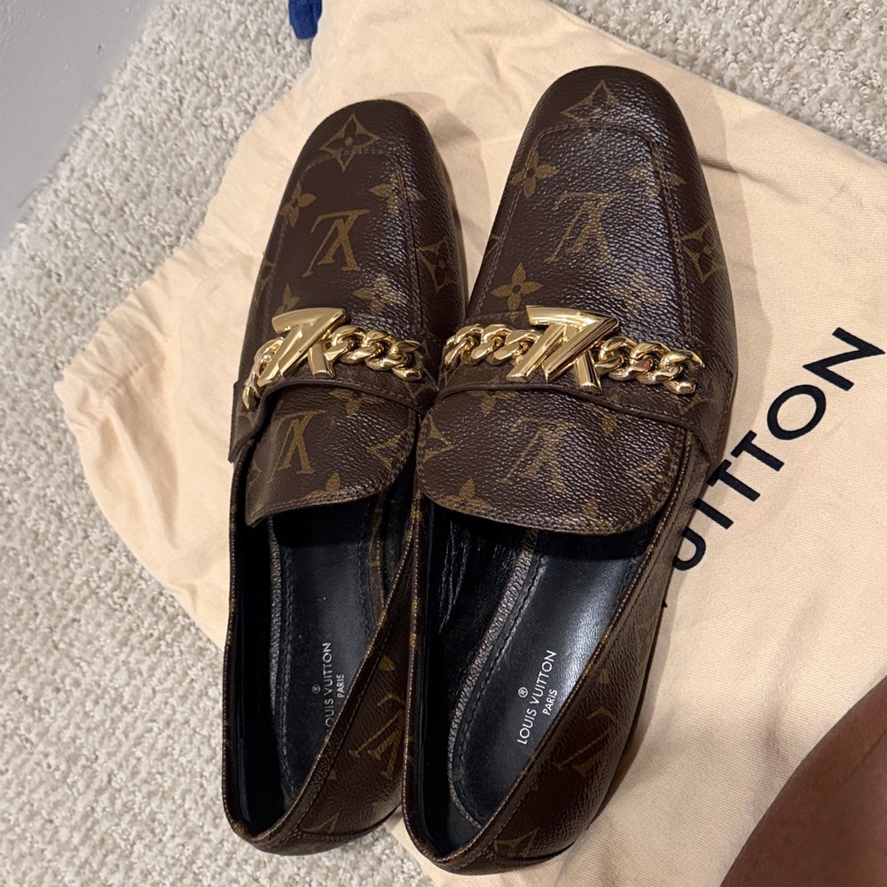 Louis Vuitton Dark Brown Monogram Loafers with Gold Accent - Picture 2 of 5